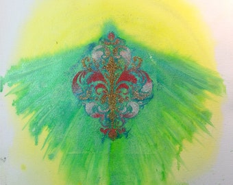 Guardian Angel Painting, Glittered Fleur-de-Lis, Shamanic Art (12x12)