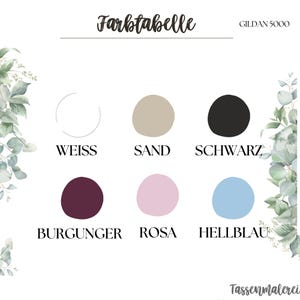 May include: A color chart with the word "Farbtabelle" at the top. The chart displays six color swatches: white, beige, black, burgundy, pink, and light blue. The text "WEISS", "SAND", "SCHWARZ", "BURGUNGER", "ROSA", and "HELLBLAU" are below each color.