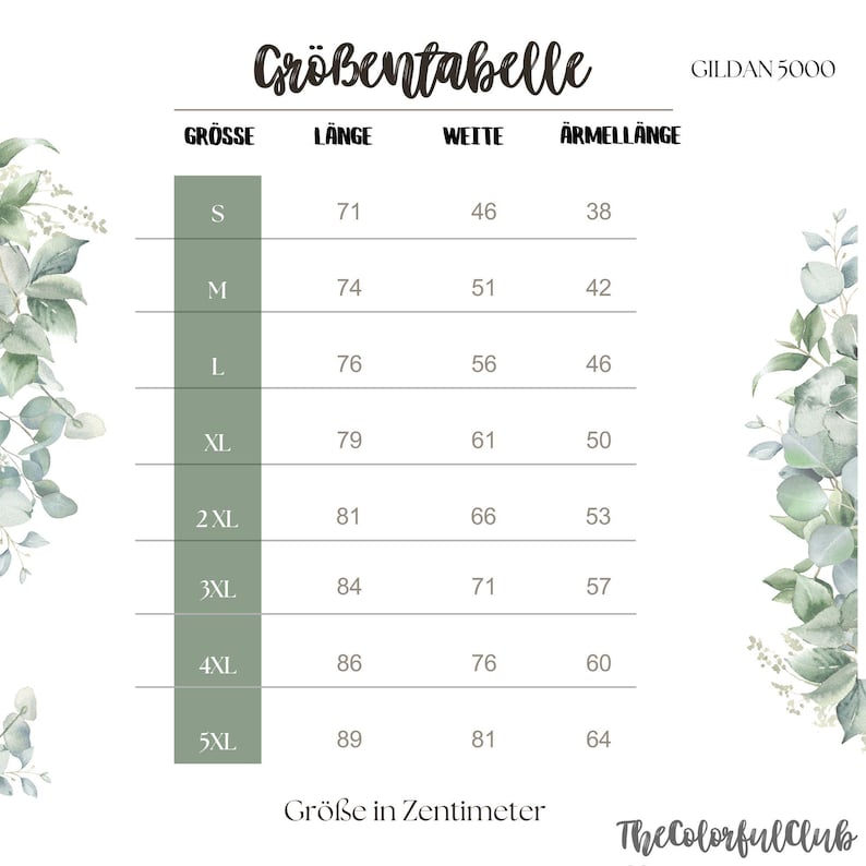 May include: A German-language size chart, displaying measurements in centimetres for sizes S to 5XL. The chart details length, width, and sleeve length. The brand name "GILDAN 5000" is also visible.