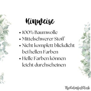 May include: A white background with text in black, including the word "Hinweise" and bullet points detailing fabric properties: 100% cotton, medium-weight fabric, not completely opaque in light colors, and light colors may be slightly translucent. The Colorfulclub logo is at the bottom.