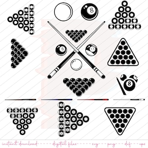 Puede incluir: Un conjunto de 15 gráficos de bolas de billar en blanco y negro, que incluyen un estante triangular, un estante piramidal y un conjunto de bolas numeradas del 1 al 15. También hay dos tacos de billar cruzados y una bola blanca.