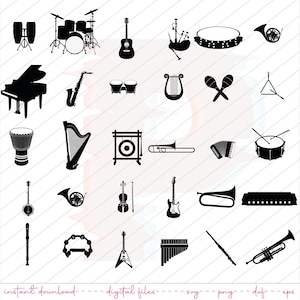 Könnte beinhalten: Ein Satz von 30 schwarz-weißen Musikinstrumenten-Icons. Die Icons beinhalten ein Schlagzeug, eine Gitarre, eine Harfe, ein Klavier, eine Trompete, eine Posaune, eine Geige, ein Banjo, eine Flöte, eine Klarinette, ein Akkordeon, eine Ukulele und mehr.