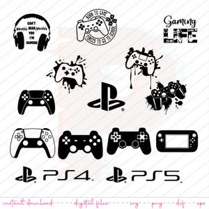 May include: A set of 10 black and white vector graphics featuring various gaming-related designs, including controllers, headphones, and logos. The designs include text such as "Can't Hear You I'm Gaming", "Born to Game Forced to Go to School", and "Gaming Life".