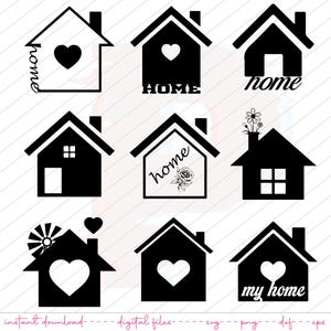 Puede incluir: Conjunto de nueve archivos de corte SVG de temática hogareña en blanco y negro. Los diseños incluyen varias formas de casas con corazones, flores y la palabra "home".