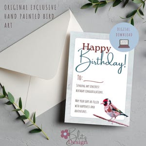 Cartão de Aniversário Imprimível. Um cartão digital exclusivo, com arte original de pássaros pintada à mão. Imprimível de última hora, com desenhos exclusivos.