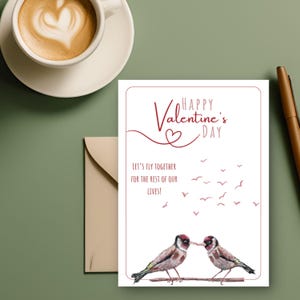 Tarjeta imprimible para el Día de San Valentín / Arte de pájaro jilguero pintado a mano / 2 variaciones / Impresión en tamaño plano de 5 x 7 o A4 / Carta doblada a 5 x 7