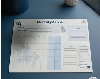 Undated Monthly Planner Printable | Blue Desk Pad PDF for iPad | Month at a Glance Project Organizer | ADHD Friendly