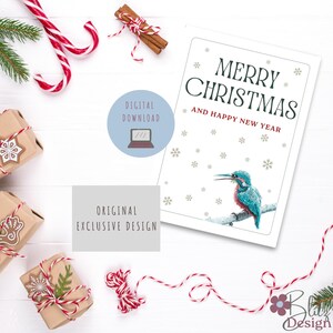 Druckbare Weihnachtskarte. Eine einzigartige digitale Karte, mit original handgemalter Vogelkunst. Last Minute druckbar, mit exklusiven Zeichnungen.