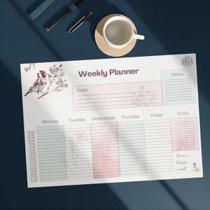 印刷可能な花柄ウィークリープランナー | iPad用ピンクデスクパッドPDF | 週間ToDoリスト | コテージコア ゴールドフィンチ ステーショナリー 画像 1