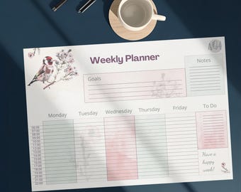 Floral Weekly Planner Printable | Pink Desk Pad PDF for iPad | Weekly To Do List | Cottage core Goldfinch Stationery