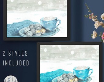 Blue Winter Wall Art Set | Turquoise Hot Cocoa Print | Moody Kitchen Decor | Hand Painted Gouache | Eclectic Coffee Bar