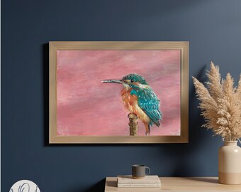 Pink Kingfisher Gouache Art Print | Boho Wall Decor | Blush Pink Bird Poster for Bedroom | Nature Lover Gift