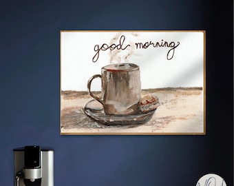 Coffee Bar Wall Art | Good Morning Quote Print | Rustic Neutral Kitchen Decor | Hand Painted Espresso Cup Poster | Farmhouse Breakfast Nook