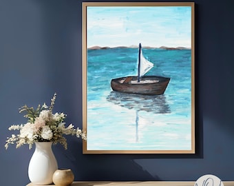 Calm Ocean Boat Art Print | Minimalist Nautical Wall Decor | Mental Wellness & Clarity Poster (Digital Download)