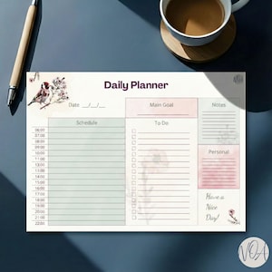Undated Daily Planner Pad PDF | Time Blocking Template for ADHD | Hourly Schedule Printable | Goldfinch Bird To Do List