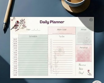 Undated Daily Planner Pad PDF | Time Blocking Template for ADHD | Hourly Schedule Printable | Goldfinch Bird To Do List