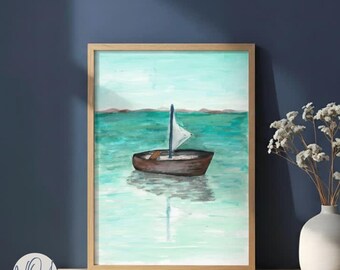 Sage Green Boat Print | Serene Lake Wall Art | Biophilic Decor for Clarity & Flow | Large Printable Poster