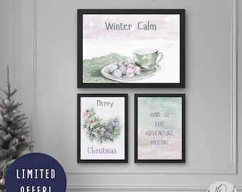 Printable Winter Wall Art Set of 3 | Cozy Christmas Prints | Watercolor Hot Cocoa & Wreath | New Year Quote  | Holiday Gallery Wall