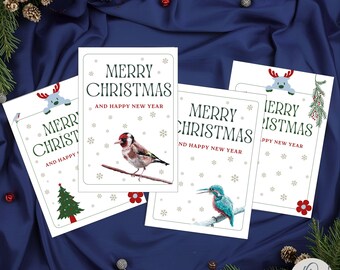 Printable Christmas Card Bundle | Watercolor Bird Holiday Cards |  Nature Lover | DIY Foldable Cards PDF