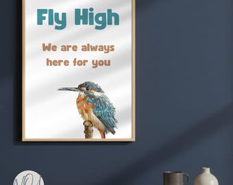 Kingfisher Art Print | Fly High Kids Nursery Decor | Encouragement Wall Art for Boys Room (Digital Download)