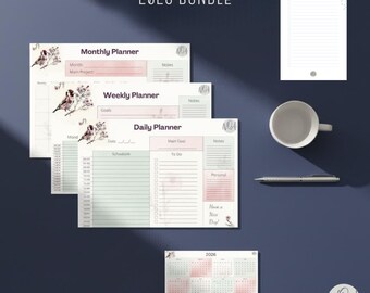 2026 Printable Planner Bundle | Goldfinch Bird Lover Gift | Daily Weekly Desk Pad PDF | Pink Floral Calendar