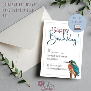 Cartão de Aniversário Imprimível. Um cartão digital exclusivo, com arte original de pássaros pintada à mão. Imprimível de última hora, com desenhos exclusivos.