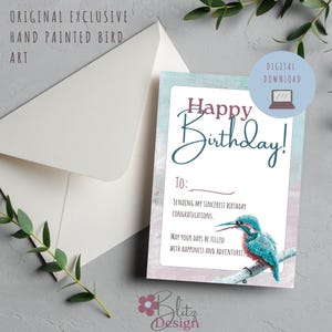 Cartão de Aniversário Imprimível. Um cartão digital exclusivo, com arte original de pássaros pintada à mão. Imprimível de última hora, com desenhos exclusivos.