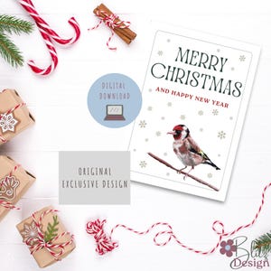 Biglietto di Natale stampabile. Un biglietto digitale unico, con un'originale arte di uccelli dipinta a mano. Stampabile all'ultimo minuto, con disegni esclusivi.