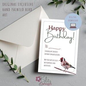 Cartão de Aniversário Imprimível. Um cartão digital exclusivo, com arte original de pássaros pintada à mão. Imprimível de última hora, com desenhos exclusivos.
