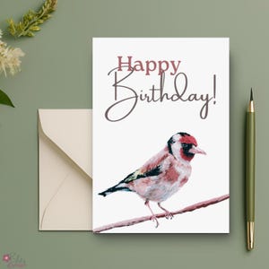 Cartão de aniversário de 2 lados para impressão | Cartão digital exclusivo com arte de pássaro pintada à mão | Download de última hora | Design exclusivo