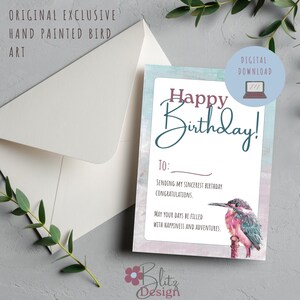 Cartão de Aniversário Imprimível. Um cartão digital exclusivo, com arte original de pássaros pintada à mão. Imprimível de última hora, com desenhos exclusivos.