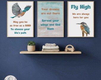 Set of 3 Nursery Prints | Kingfisher Bird Gallery Wall Set | Fly High Quote Art | Blue & Orange Kids Room Decor | Baby Boy Gift