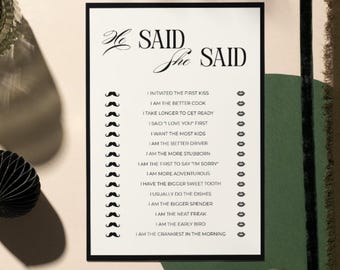 May include: A black and white framed He Said She Said sign with a list of statements and mustache graphics. The sign is on a light background with decorative paper balls, a glass, and a green envelope.