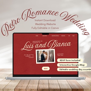 May include: A laptop displays a retro-themed wedding website template. The website features a red background with the names "Luis and Bianca" in elegant script. Additional text includes "RSVP form included" and "Editable wedding day countdown."