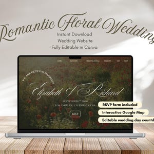 Wedding Website Canva Template, Romantic, Floral, cottage core, Story, Itinerary, Travel, FAQ, Registry, RSVP