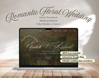 Wedding Website Canva Template, Romantic, Floral, cottage core, Story, Itinerary, Travel, FAQ, Registry, RSVP