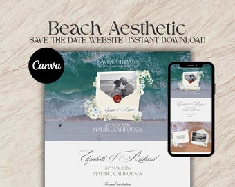 May include: A beach-themed wedding invitation design with the text "Beach Aesthetic" and "Save the Date Website Instant Download." The design includes a photo of a couple, floral accents, and the date "26th May 2026, Malibu, California."