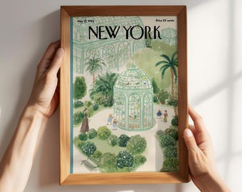 Vintage Conservatory Poster – Botanical Garden Illustration New Yorker Style Aviary Art Print Whimsical Nature Decor