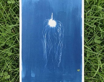 Impresión de cianotipo Bulbophyllum Medusae – Impresión solar botánica hecha a mano, arte de pared A4