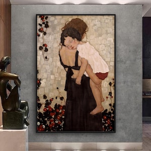 Pintura en lienzo de Madre e hijo de Gustav Klimt, arte de pared para decoración del hogar de Gustav Klimt, póster de Madre e hijo de Gustav Klimt, regalo de Gustav Klimt.