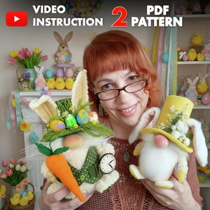 May include: Two Easter-themed gnomes are displayed. One gnome holds a large orange carrot and wears a green vest with a pocket watch. The other gnome has a yellow top hat. The image includes the text "VIDEO INSTRUCTION 2 PDF PATTERN".