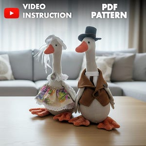 Può includere: Due bambole di stoffa a forma di oca, una con un vestito floreale e un cappello, l'altra con un gilet e un cappello a cilindro. Le bambole hanno becchi e piedi arancioni. Il testo sull'immagine recita "VIDEO INSTRUCTION" e "PDF PATTERN".