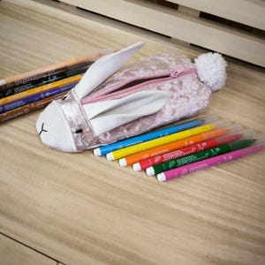 May include: A pink velvet bunny-shaped pencil case with white ears and a white pom-pom on the top. The case is open and has a zipper closure. There are eight colorful markers inside the case.