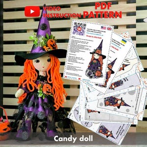 Candy Doll Sewing Pattern in a Little Witch Costume , DIY HandMade + free video Halloween gift tutorial gift ideas witch hat dress for doll