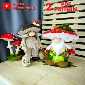 Può includere: Due gnomi a forma di fungo stravaganti e figure decorative di funghi rossi e bianchi. Uno gnomo indossa un cappello a fungo marrone e tiene in mano una lanterna. L'altro gnomo ha un cappello a fungo rosso e bianco. L'immagine include anche il testo "VIDEO INSTRUCTION" e "2 PDF PATTERN".