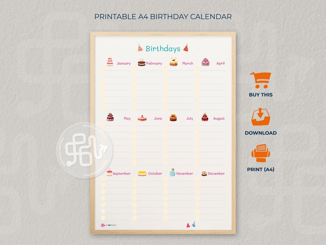Printable Birthday Calendar A4 With Cake Design | Downloadable Digital ...