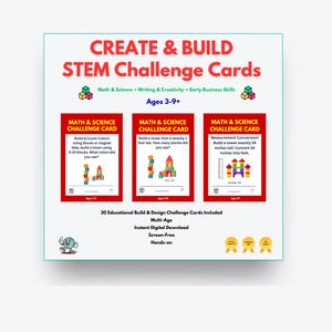 Puede incluir: Un juego de tarjetas de desafío STEM blancas con texto rojo que dice "CREATE & BUILD STEM Challenge Cards". Las tarjetas son para edades de 3 a 9+ e incluyen actividades de matemáticas, ciencias, escritura y creatividad. El juego incluye 30 tarjetas educativas.