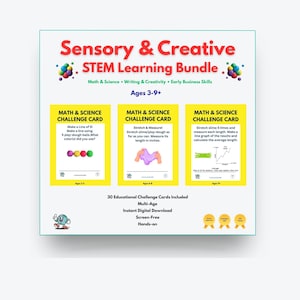 Puede incluir: Un conjunto de aprendizaje STEM "Sensorial y Creativo" para niños de 3 a 9 años. Incluye 30 tarjetas de desafíos educativos con actividades de matemáticas y ciencias. Las tarjetas incluyen la medición de plastilina.