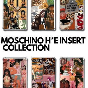May include: A collection of clear phone cases with collage designs. The cases feature various images, including portraits, text, and abstract patterns. The text "SLOW DOWN AND ENJOY THE FUNK" is visible on one case. The text "MOSCHINO H*E INSERT COLLECTION" is also visible.
