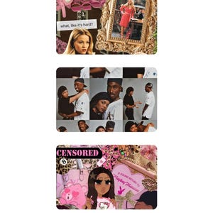 Peut inclure: Un collage imprimé composé de trois sections distinctes : un panneau supérieur avec une femme blonde en robe rose et le texte 'what, like it's hard?', un panneau central avec des photos en noir et blanc d'un couple, et un panneau inférieur avec des graphismes roses et le texte 'CENSORED' et 'IF FOUND RETURN TO Playboy Mansion'.